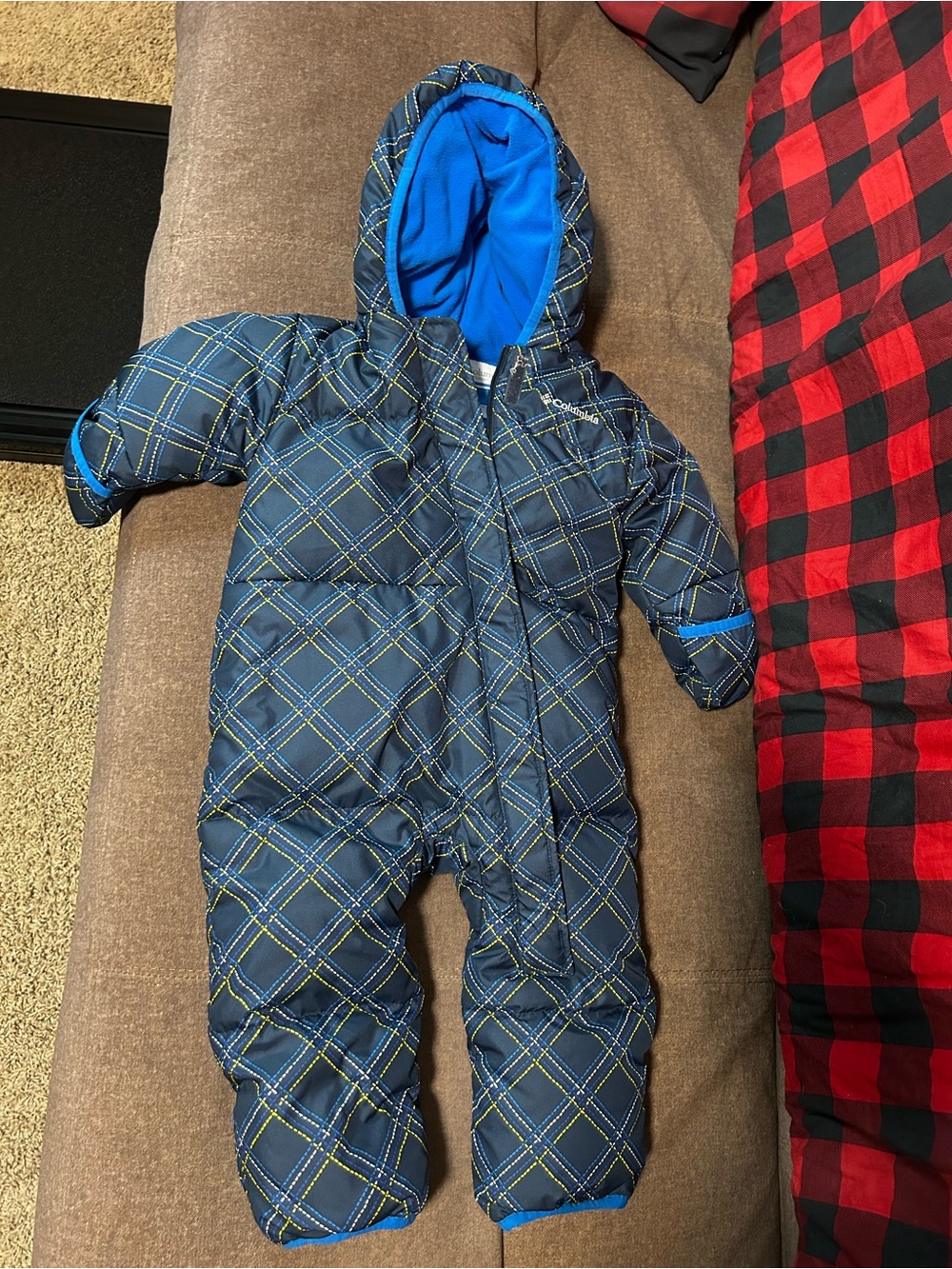 Columbia Navy Blue Plaid fleece lined insulated Snowsuit 12-18 months